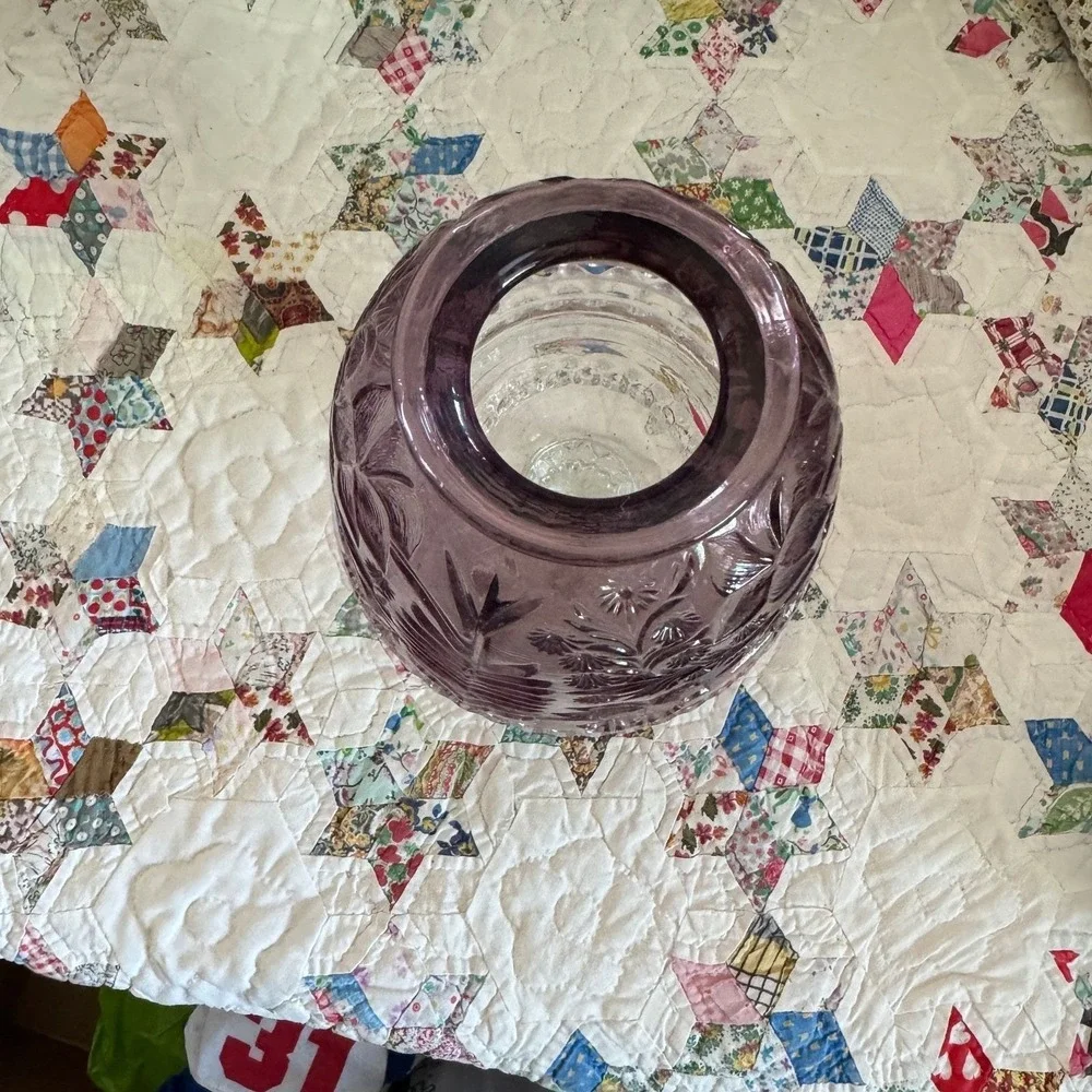 Vintage Purple Pressed Glass Floral Fairy Lamp Candle Holder 2 Piece Clear Base - Picture 4 of 9